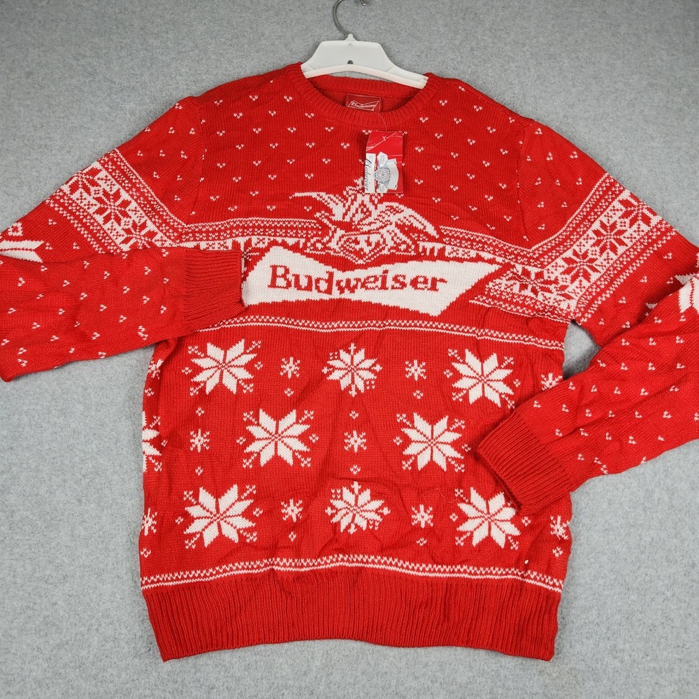 Budweiser Ugly Christmas Sweater Mens Large Red Knit Fair Isle Snowflake Holiday